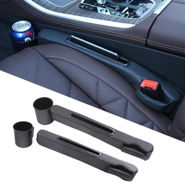 Advanced 3in1 Car Seat Gap Filler with Pocket Organizer and Removable Cupholder,Console Side Pocket Organizer,Car Seat Gap Pad for Cellphone Coin Key,Stopper and Blocker,PU Leather,2 Packs