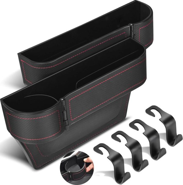 Upgrade 2 Pack Car Seat Gap Filler Organizer with Adjustable Cup Holder, Universal Leather Car Gap Filler Organizer with Cable Hole, Seat Gap Filler Organizer with Hooks, for Phone/Glasses