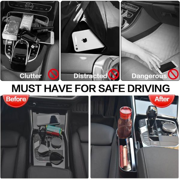 Upgrade 2 Pack Car Seat Gap Filler Organizer with Adjustable Cup Holder, Universal Leather Car Gap Filler Organizer with Cable Hole, Seat Gap Filler Organizer with Hooks, for Phone/Glasses - Image 2