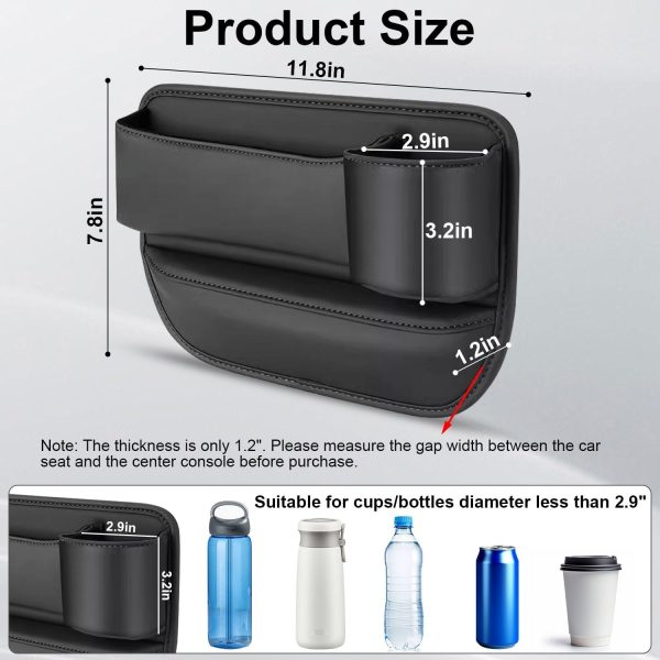 Car Seat Gap Filler Organizer with Cup Holder, 2 Pack Adjustable Leather Car Side Seat Storage Box, Multifunction Interior Storage Organizer for Phones Keys Sunglasses Cards, Black - Image 2