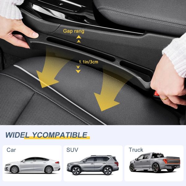Car seat Gap Filler 2-Piece Multi-Functional Storage Belt with PU Material, seat Side Gap Filler to Prevent Items from Falling, Universal for Cars, , Trucks (Black) - Image 2